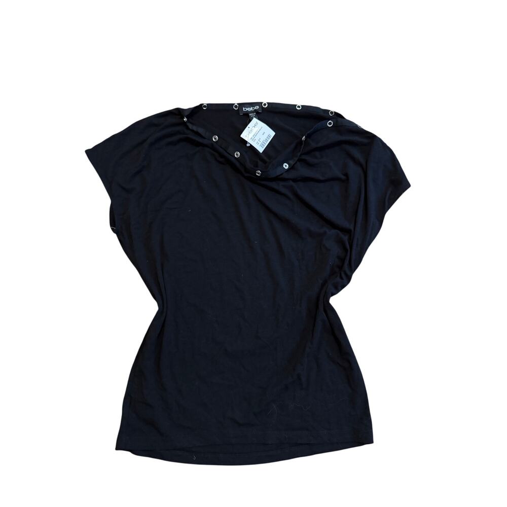 NWT Bebe Vintage Y2K Black Off the Shoulder Tee w/Snaps on Neckline S